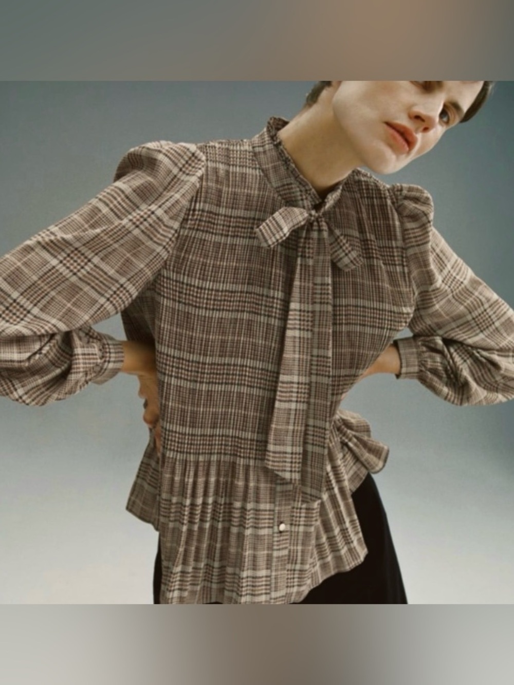 Zara Brown Plaid Pleated Bow-Tie Peplum Blouse Size Small